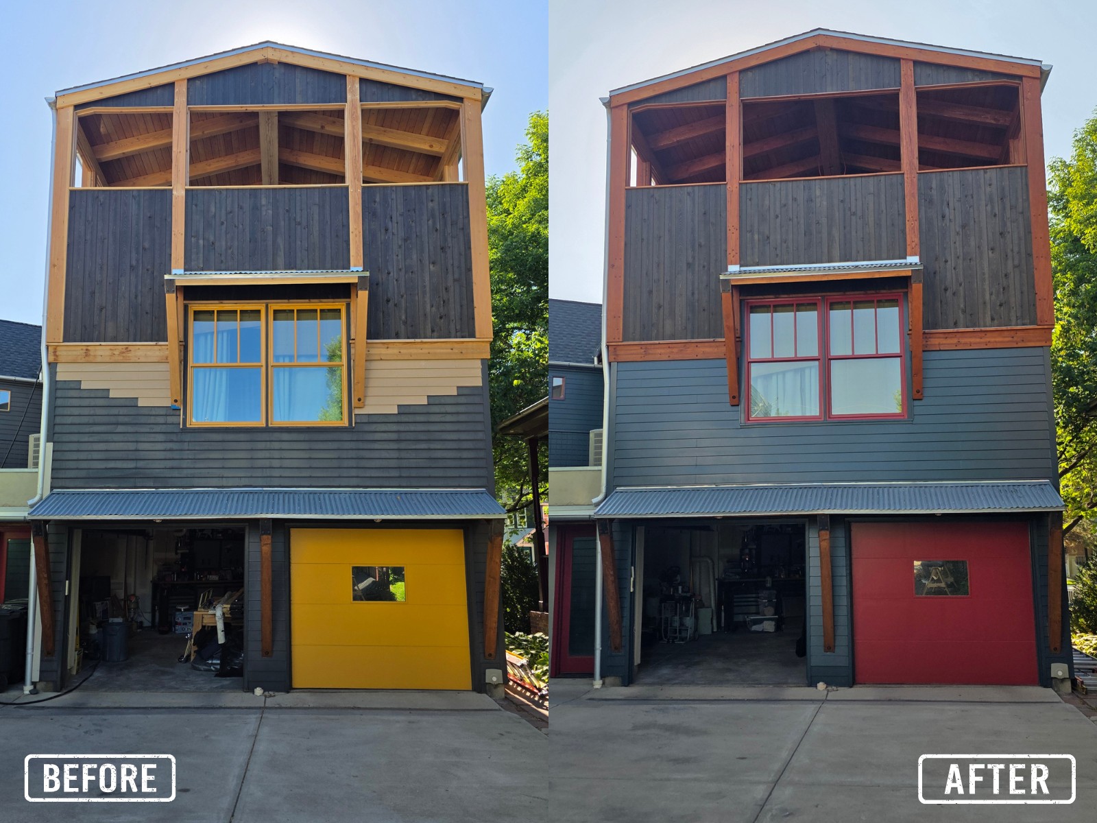 Before and after exterior garage home remodeling and painting project completed by Old World Painting Family in Northern Colorado.